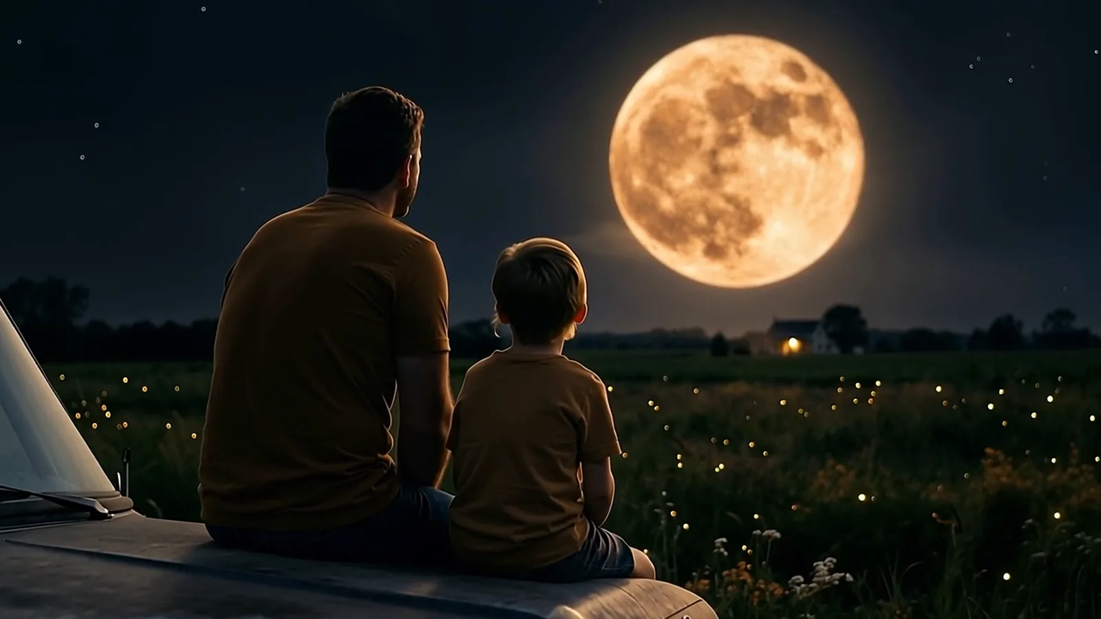 Father and son on a truck hood under an enormous moon – the film's opening frame