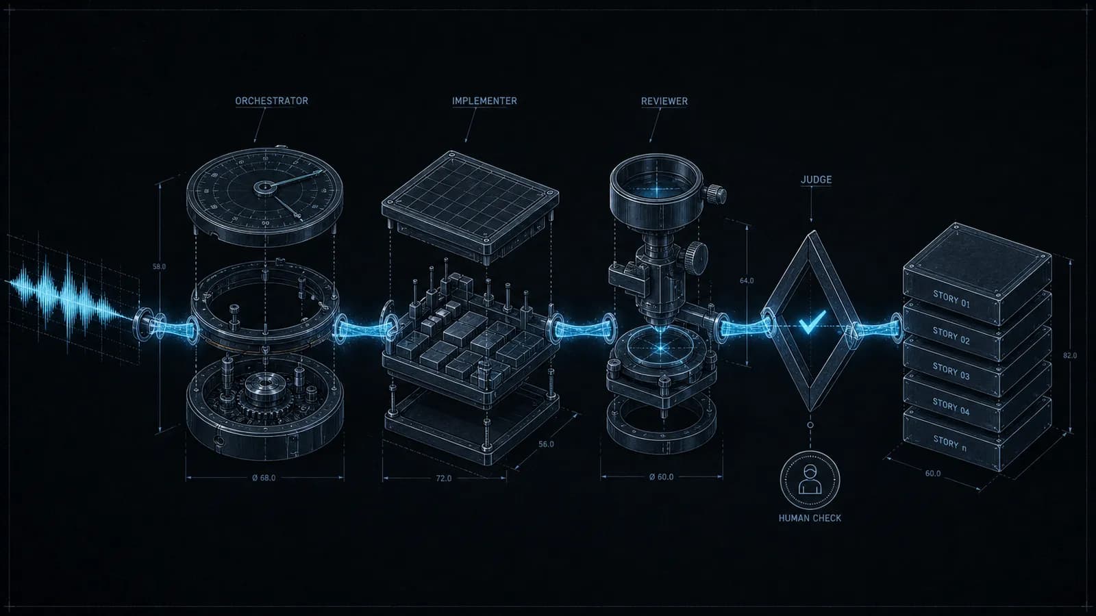 Artwell system pipeline: orchestrator, implementer, reviewer, judge, human check