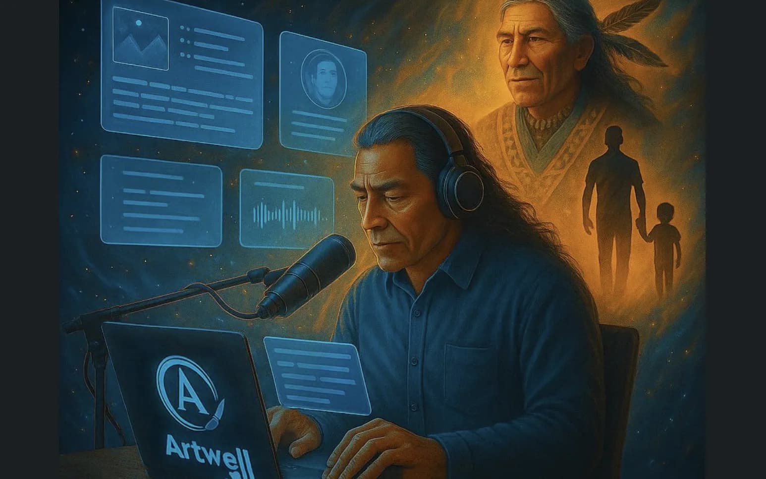 A storyteller at the mic, their unfolding story and ancestry around them