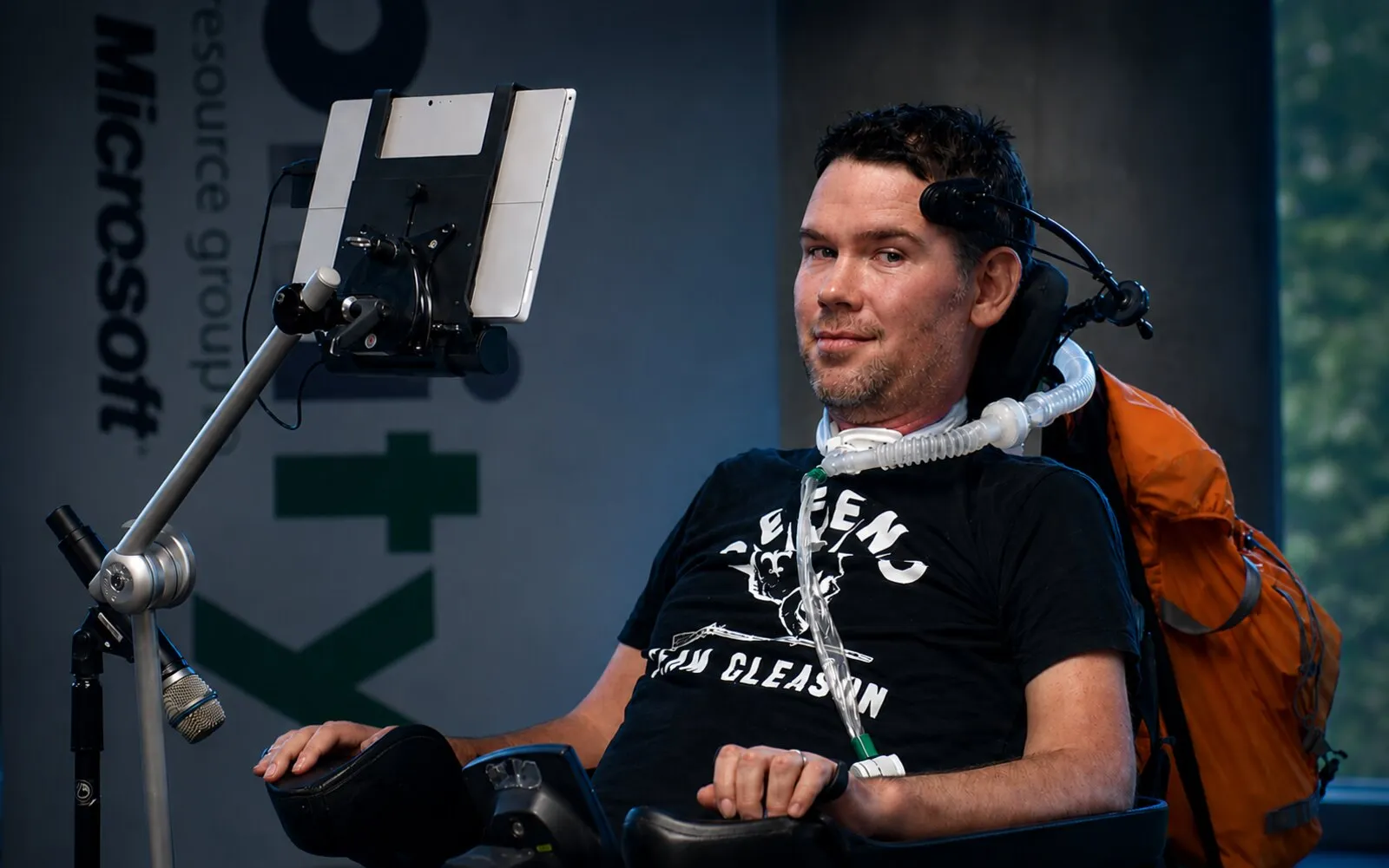 Steve Gleason speaking through an eye-gaze tablet at the Microsoft Ability Summit