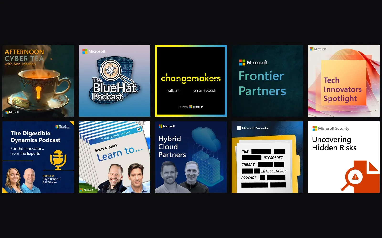 A wall of ten Microsoft show identities I designed – podcasts and series, each with its own face